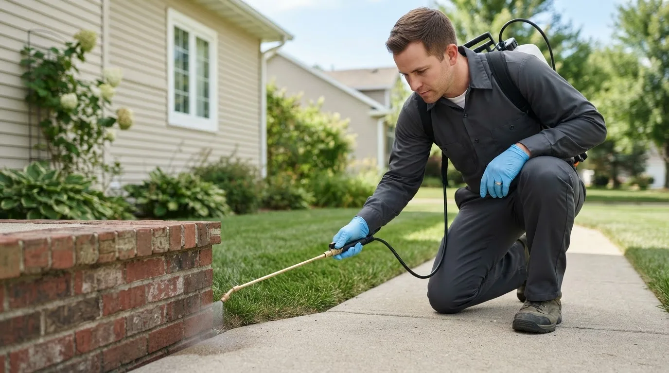 Pest control technician treating a home near Lowell, AR